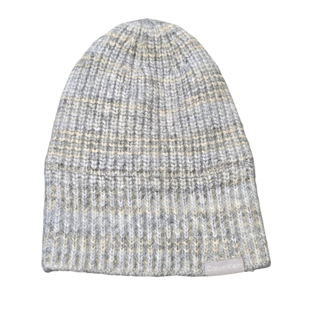Calvin Klein Marled Ribbed Knit Beanie Women's One Size Gray Beige Velvet Lined